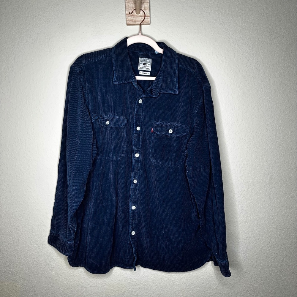 Levis Jackson Worker Corduroy Shirt Mens XL Relaxed Navy Blue‎ Button Down